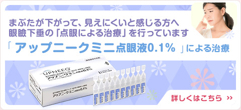 
        眼瞼下垂の点眼薬「アップニークミニ点眼液0.1%」
        詳しくはこのバナー画像をクリックしてアップニークミニ点眼液0.1%のページをご覧ください。
        
