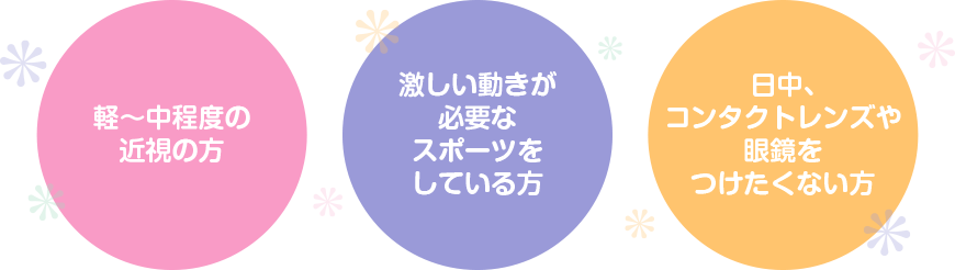 軽〜中程度の近視の方・激しい動きが必要なスポーツをしている方・日中、コンタクトレンズや眼鏡をつけたくない方